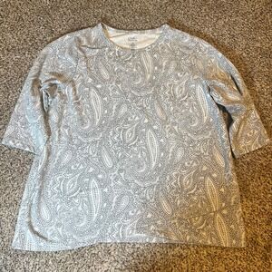 Croft & Barrow Womens Plus 2X Gray White Paisley 3/4 Sleeve Tunic Top Shirt